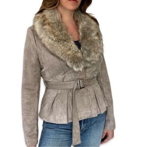 Women's Faux Fur Collar Belted Jacket